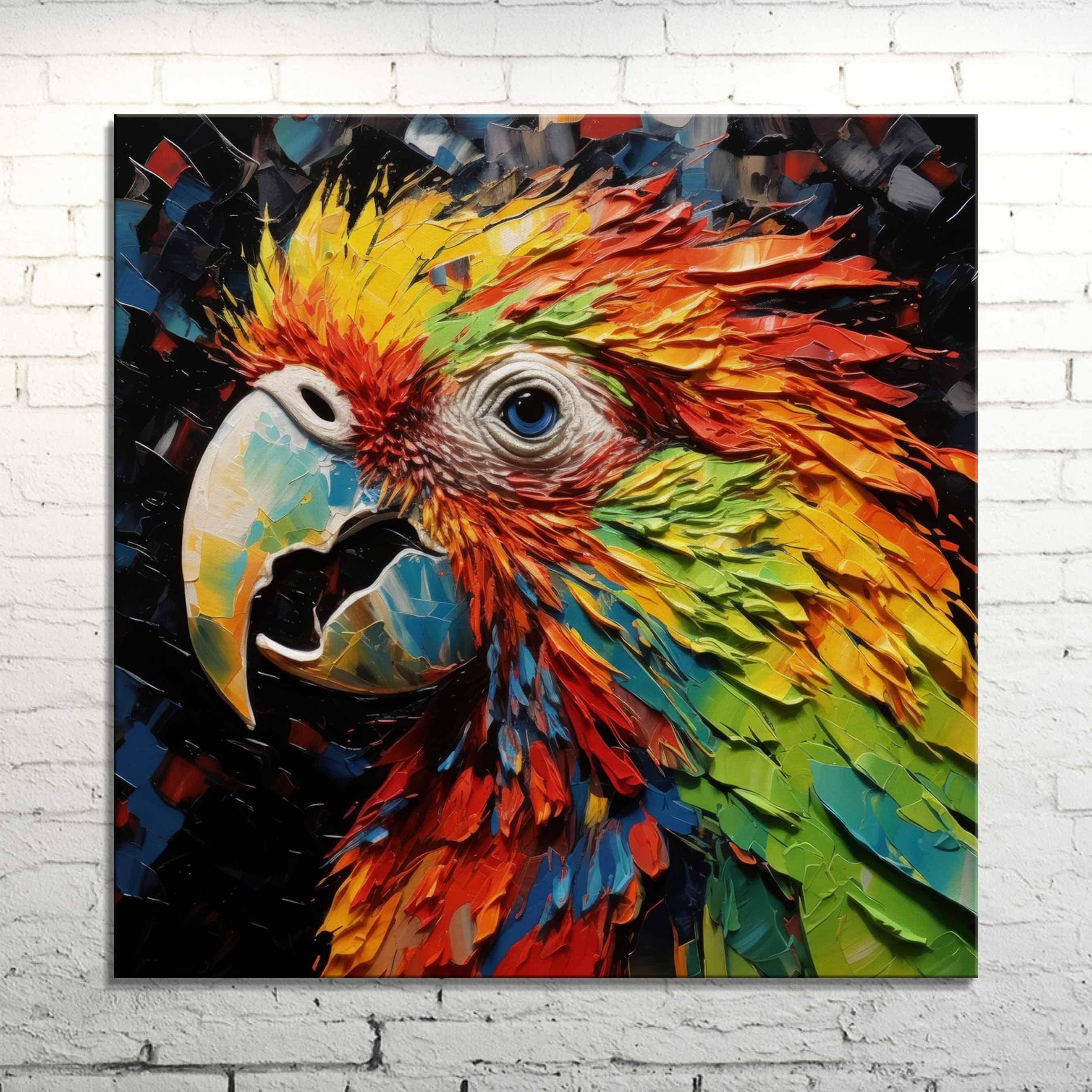 Colorful Parrot Impasto Painting: Tropical Bird Canvas Wall Art
