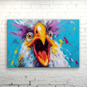Vibrant Abstract Pop Art Chicken Canvas Print, Bold Contrasting Colors, Textured Look, Abstract Playful Energetic Modern Farmhouse Decor