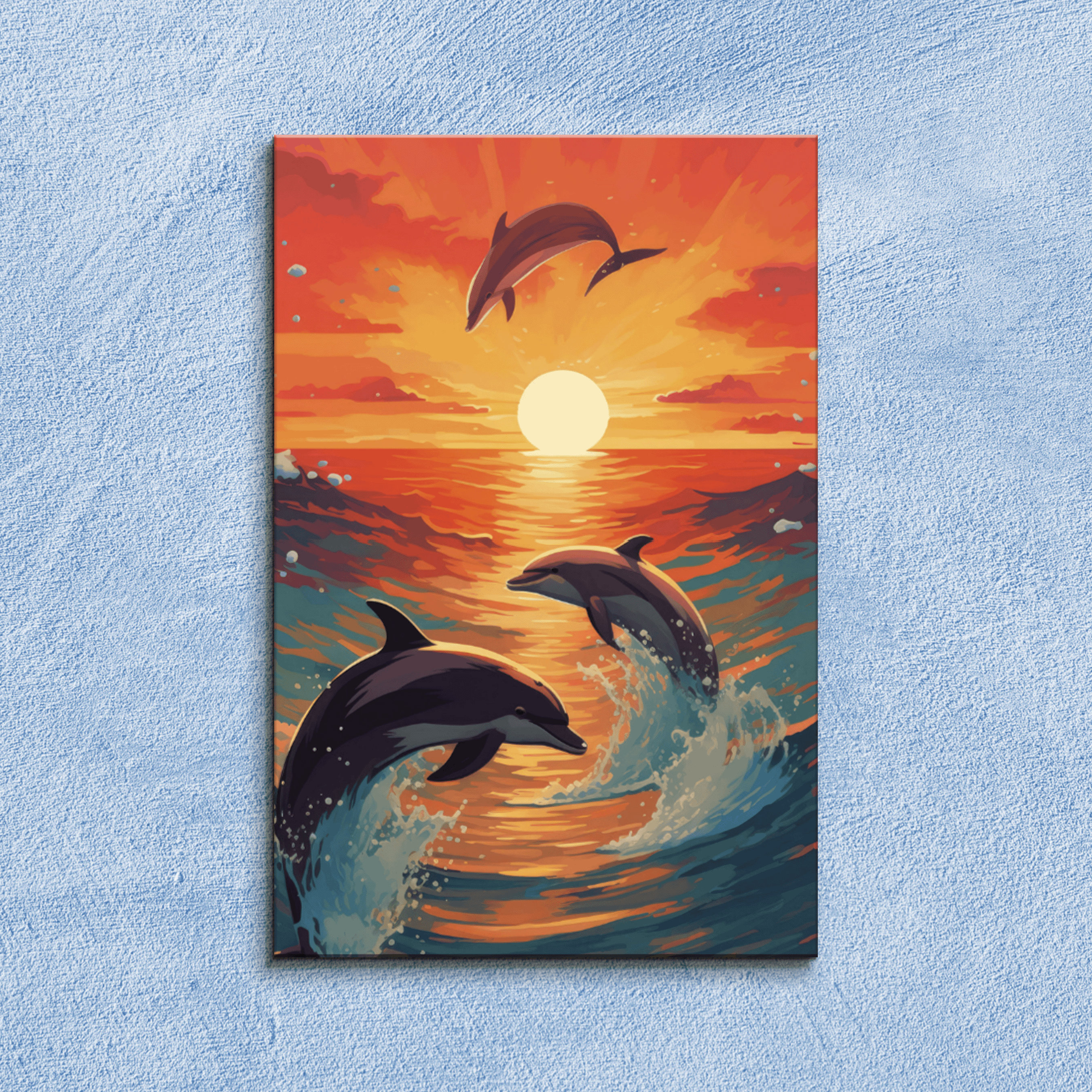 Dolphins at Sunrise Canvas Art: Abstract Ocean Seascape Print