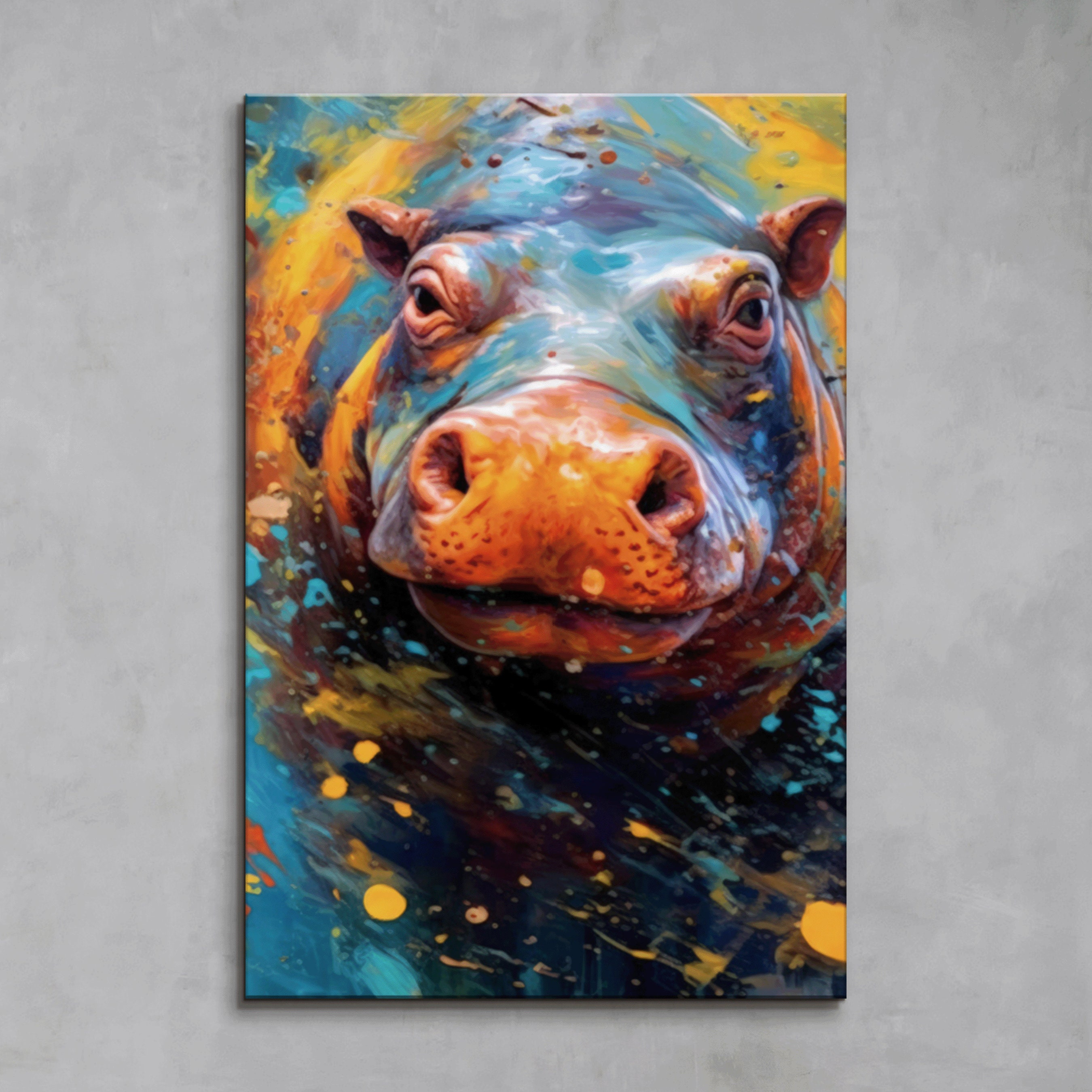 Vibrant Hippo Canvas Art Print: Aquatic Hues, African Wildlife Decor