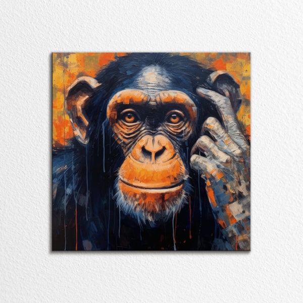 Shared Wisdom: Provocative Expressionist Chimpanzee Art, Direct Gaze, Thoughtful Pose Décor, Deep Understanding, Bold Emotive Style, Canvas