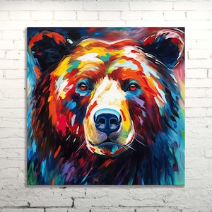 Abstract Bear Canvas Wall Art, Colorful Oil Painting Style, Wild Animal Art Print for Home and Office Decor, Wildlife Portrait