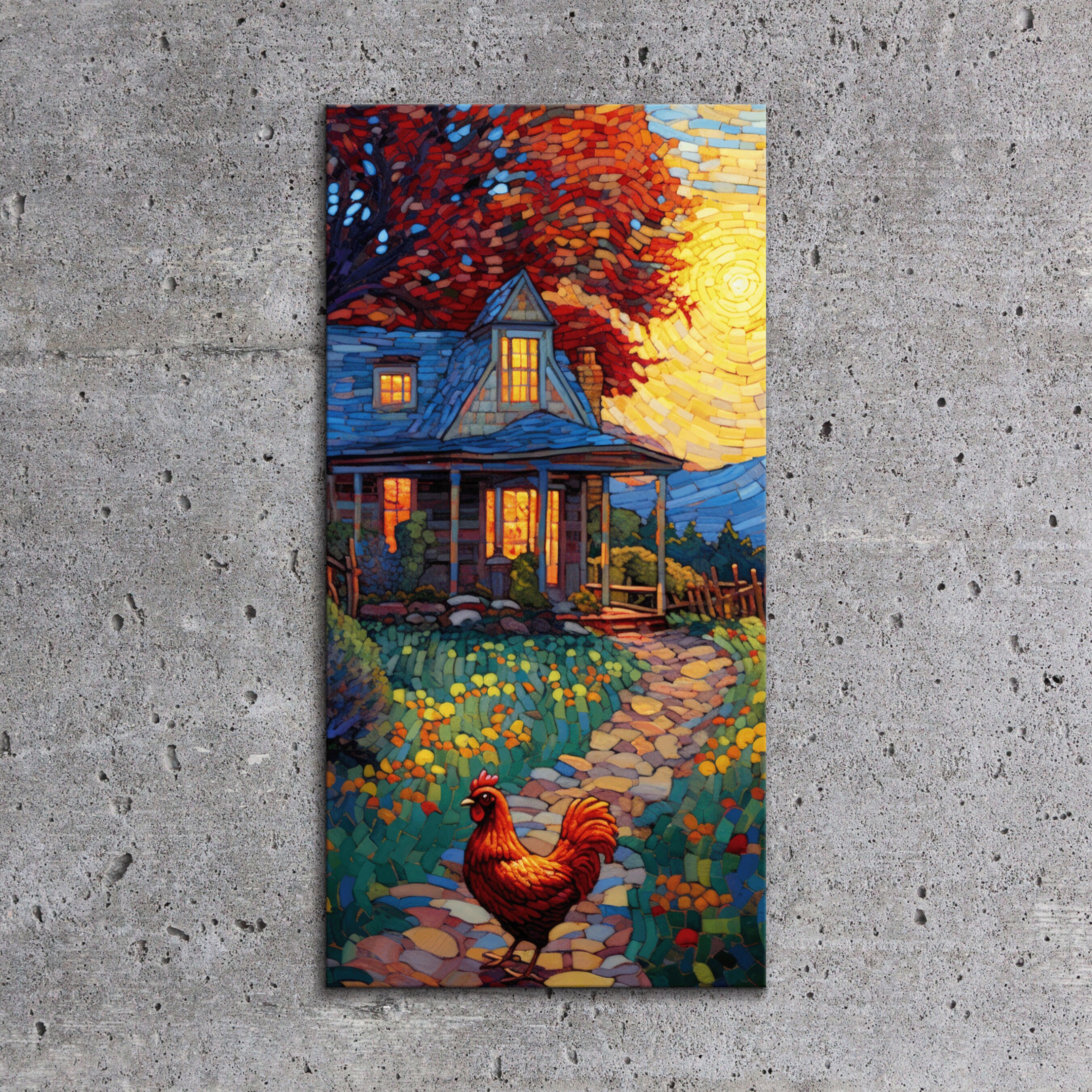 Mosaic Chicken Farmhouse Canvas Art: Vibrant Nightscape Painting