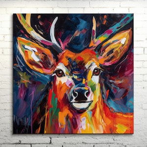 Majestic Deer Canvas Wall Art - Colorful Abstract Oil Painting Style, Country Wildlife Art Print for Home and Office Decor, Farmhouse Living