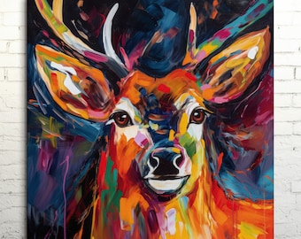 Abstract Deer Canvas Art: Colorful Wildlife Oil Painting Style