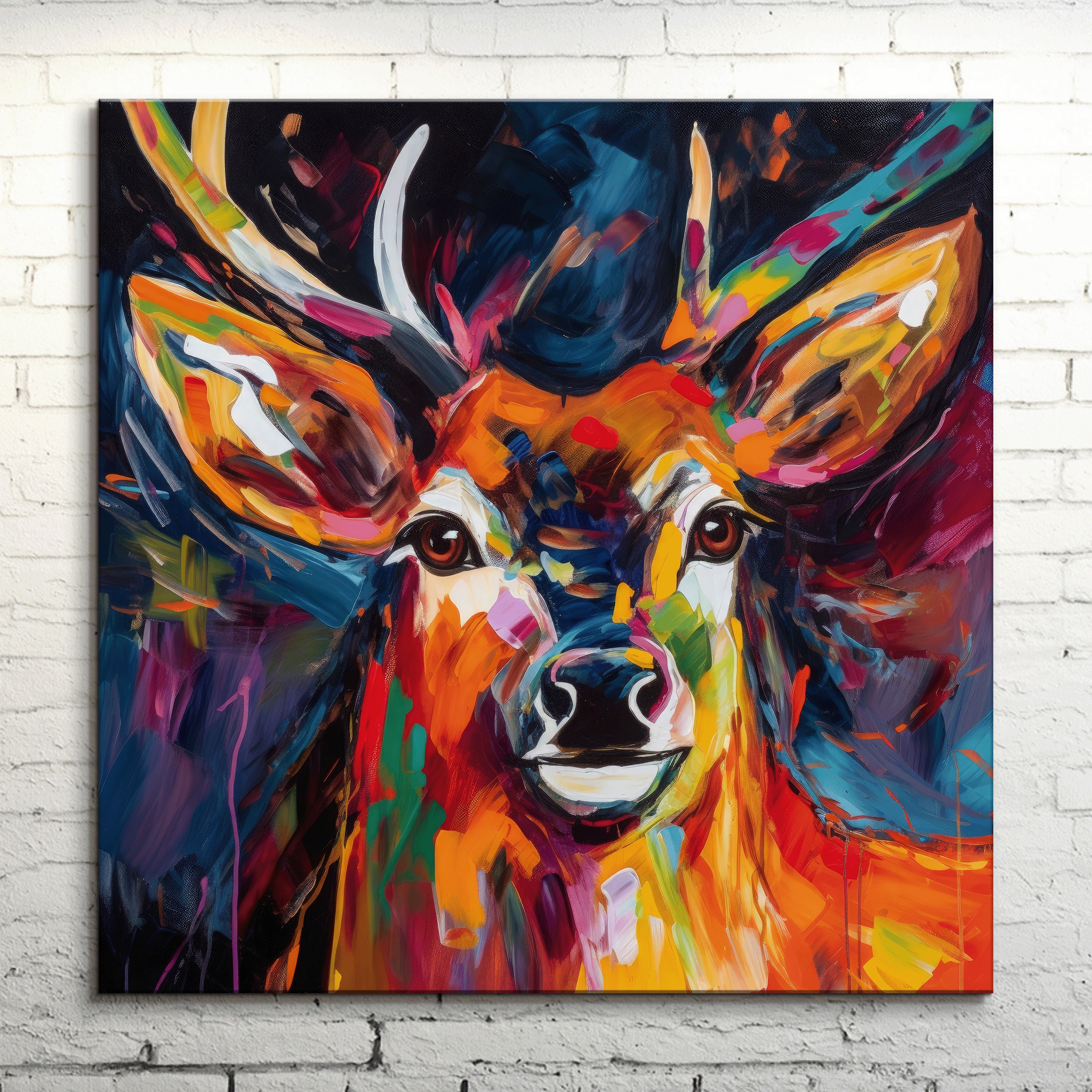 Majestic Deer Canvas Wall Art Colorful Abstract Oil Painting Style
