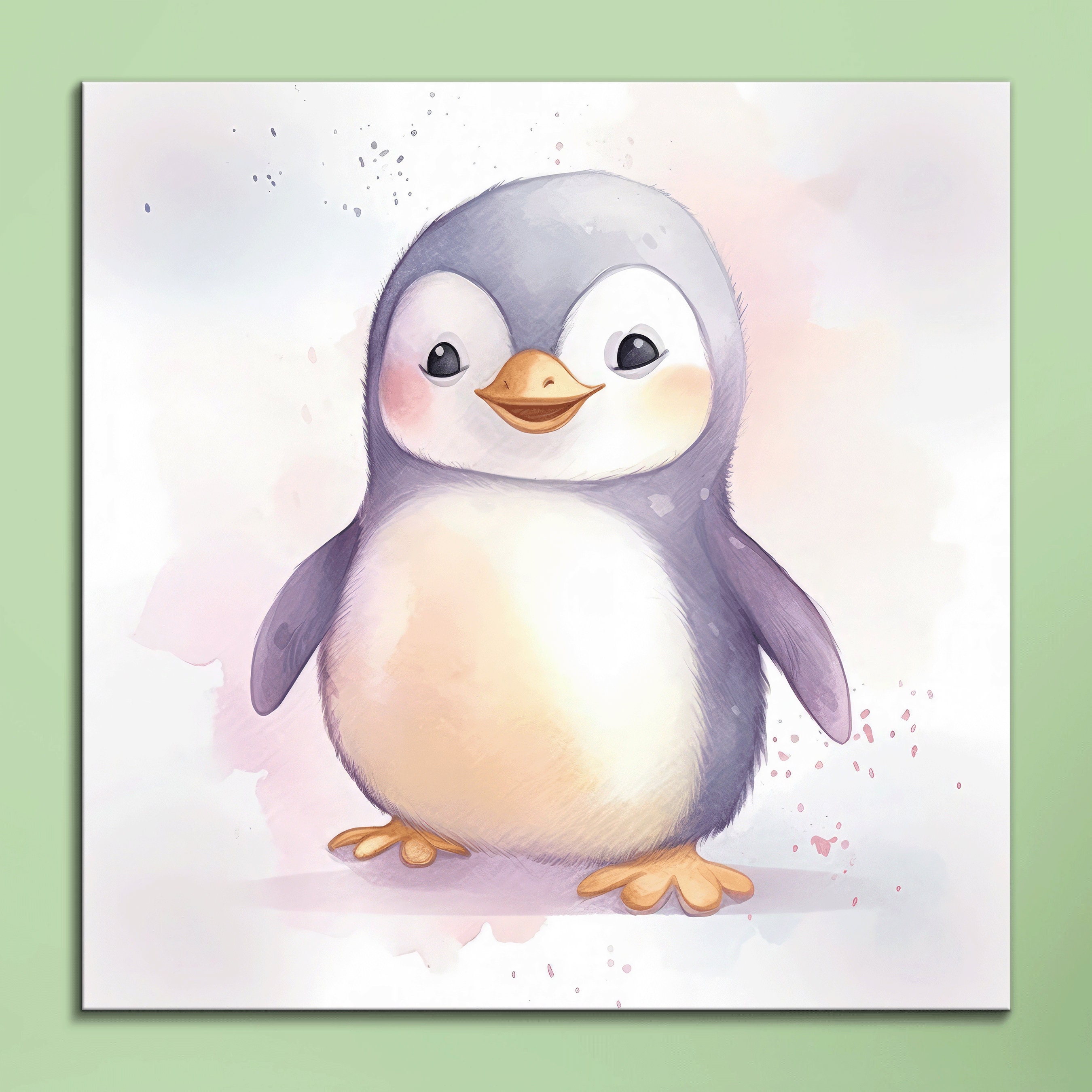 Pastel Watercolor Penguin Canvas Art: Kids' Room Decor