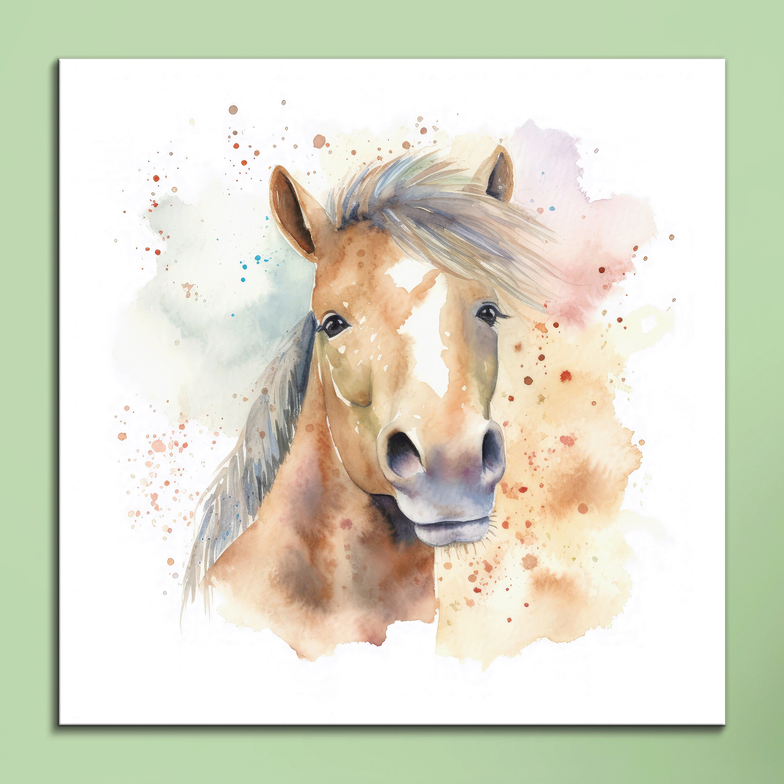 Smiling Horse Canvas Art: Pastel Watercolor Nursery Decor