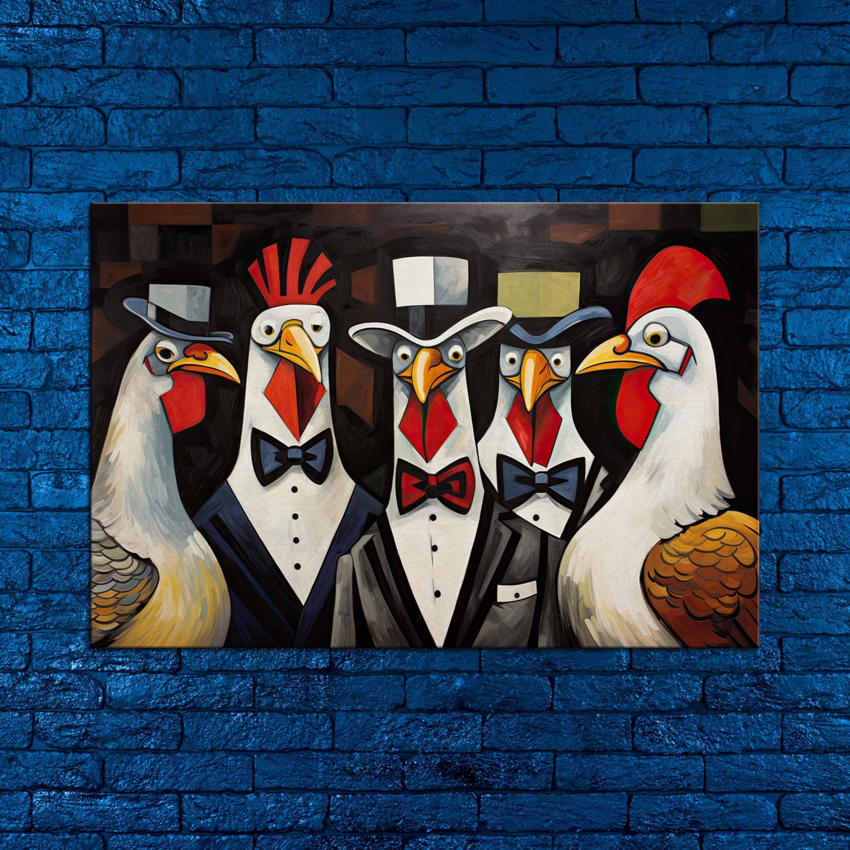 Vintage Gangster Chickens Canvas Art: Whimsical Farmhouse Animal Print