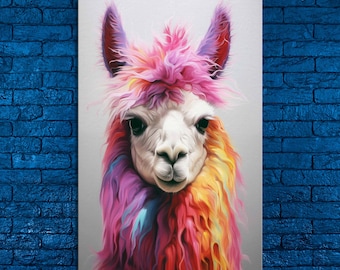 Colorful Alpaca Canvas Print: Whimsical Llama Portrait, Nursery Wall Art