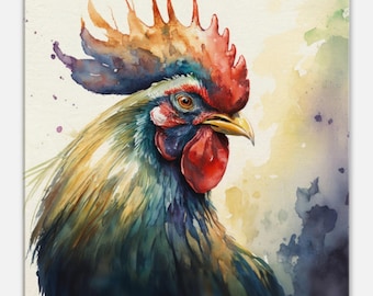 Watercolor Rooster Canvas Art: Farmhouse Kitchen Decor