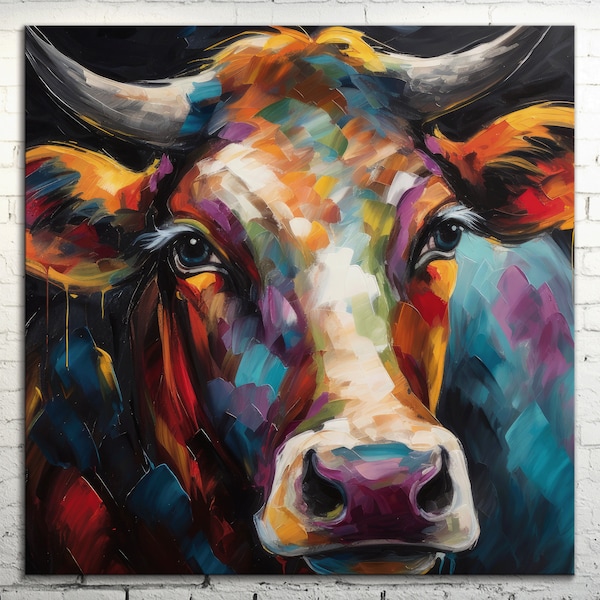 Charmante vache regard fixe toile Art moderne des animaux de la ferme, conception de peinture abstraite colorée, cadeau unique de décoration de ferme