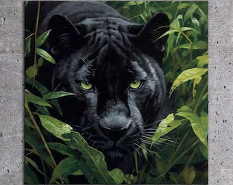Black Panther Canvas Art: Emerald Green Eyes, Lush Jungle Print