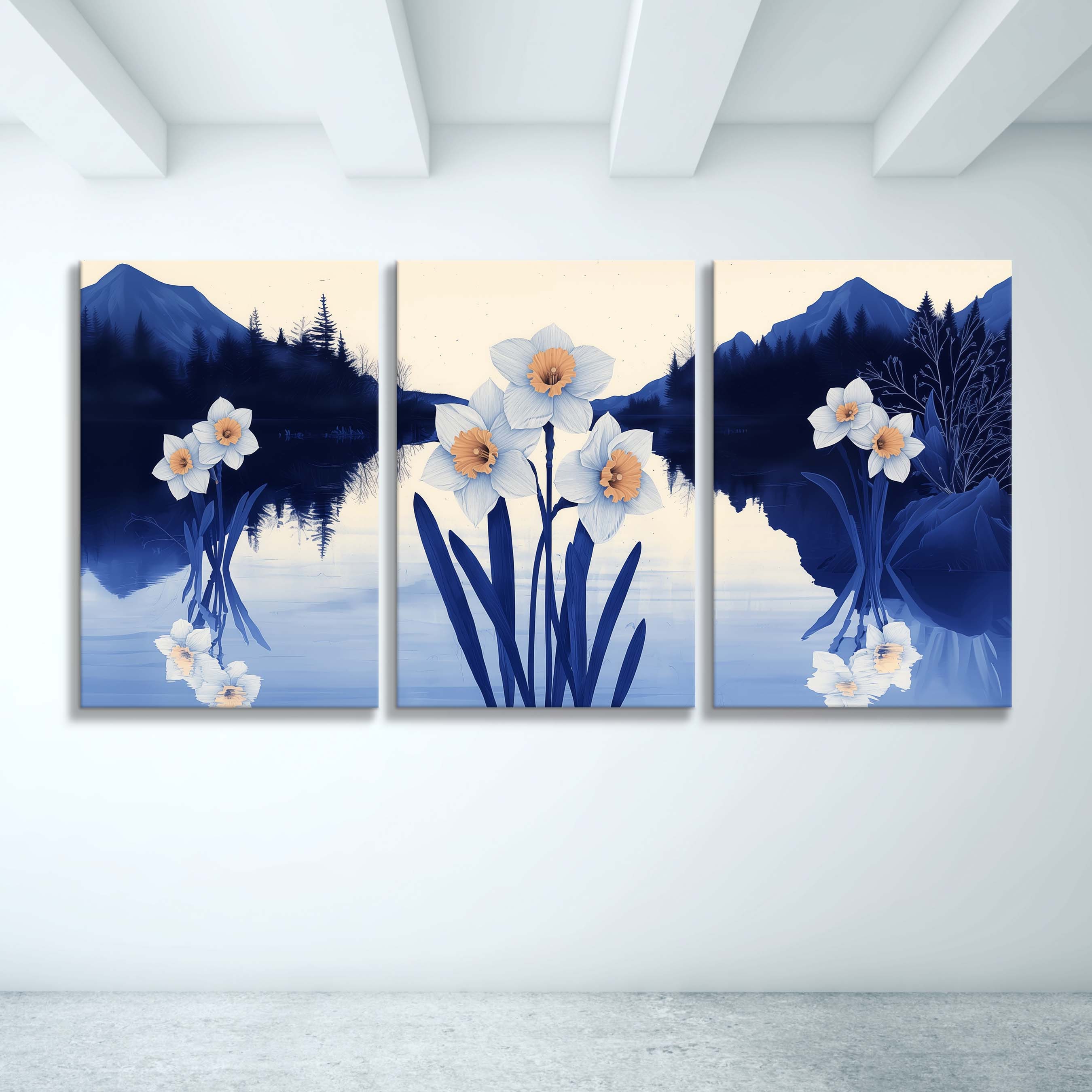 Blue Mountain Lake & Daffodils Triptych Canvas Art: Floral Reflection Print