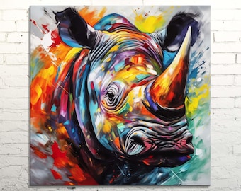 Abstract Rhinoceros Canvas Art: Colorful African Wildlife Print