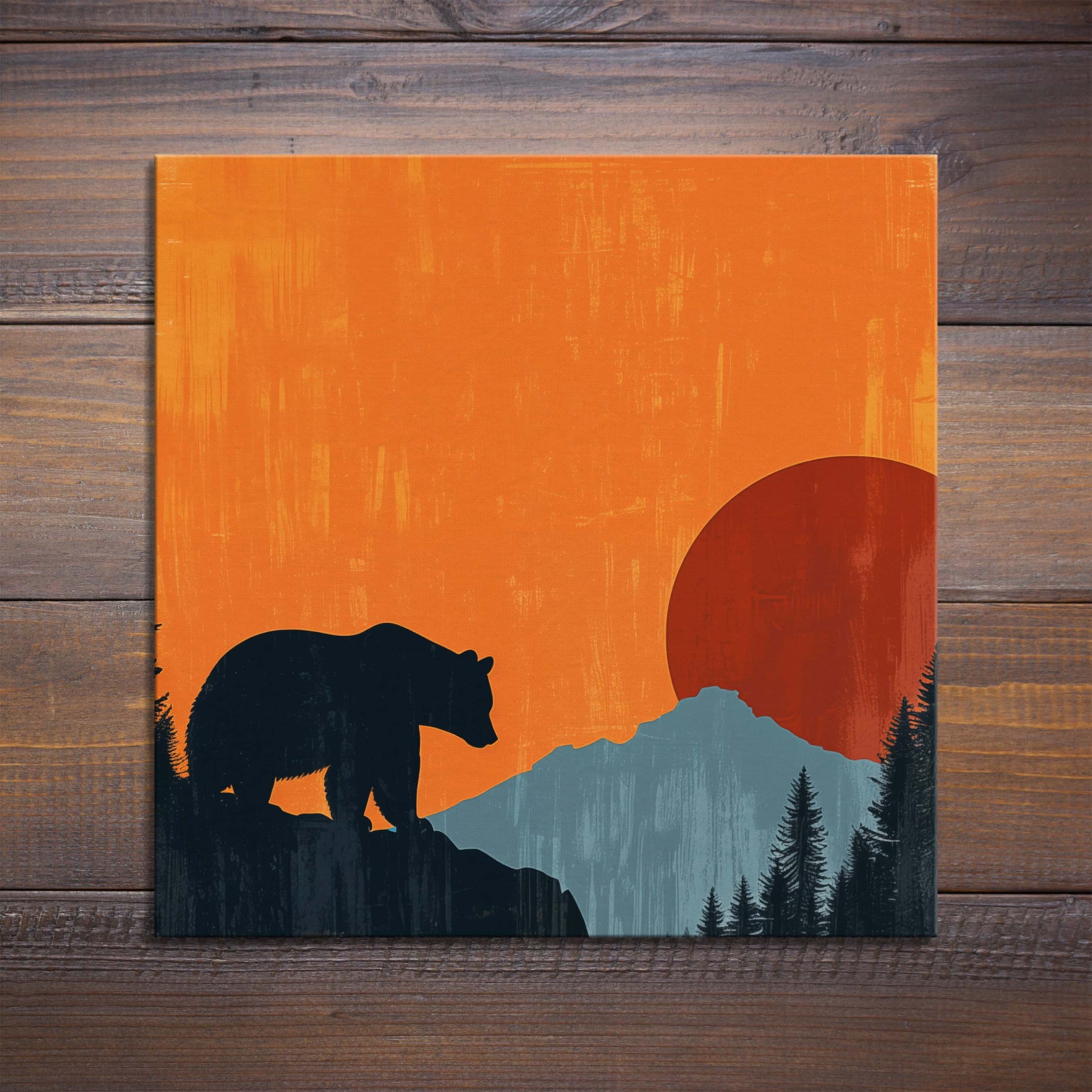 Rustic Bear Silhouette Canvas Print: Sunset Mountain Landscape Art
