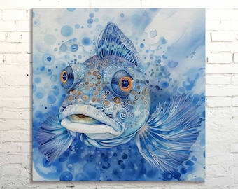 Blue Fish Canvas Print, Whimsical Surreal Marine Art, Nautical Home Decor