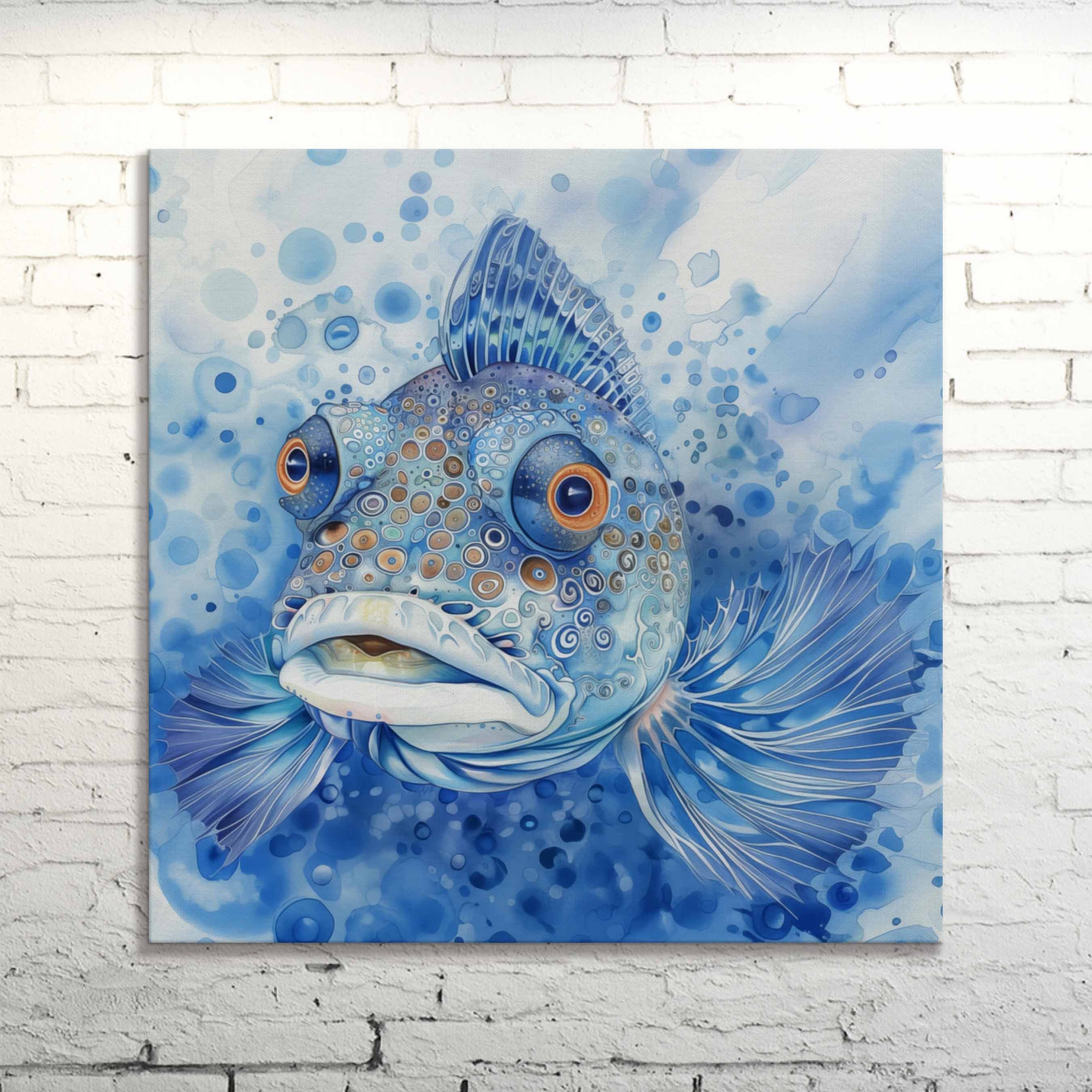 Blue Fish Canvas Print, Whimsical Surreal Marine Art, Nautical Home Decor