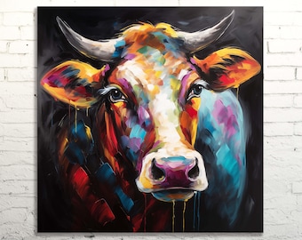 Colorful Cow Head Canvas Art: Modern Farmhouse Decor