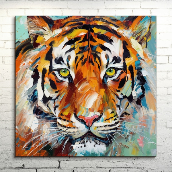 Art mural sur toile tigre féroce, style peinture à l'huile colorée et vibrante, portrait de gros chat du Bengale, impression d'art animalier pour décoration de maison et de bureau