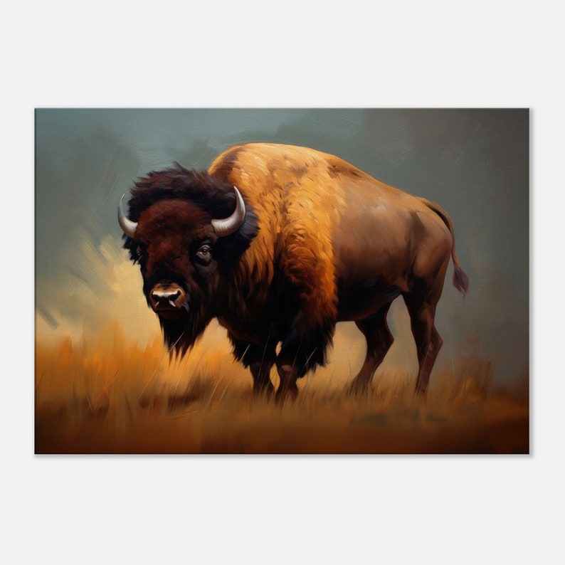 American Buffalo Oil Painting Canvas Print: Western Farmhouse Wall Art Slim