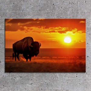 Bison Silhouette Sunset Canvas Impressionistic Plains Landscape, Expressive Western - Wild West Art Print