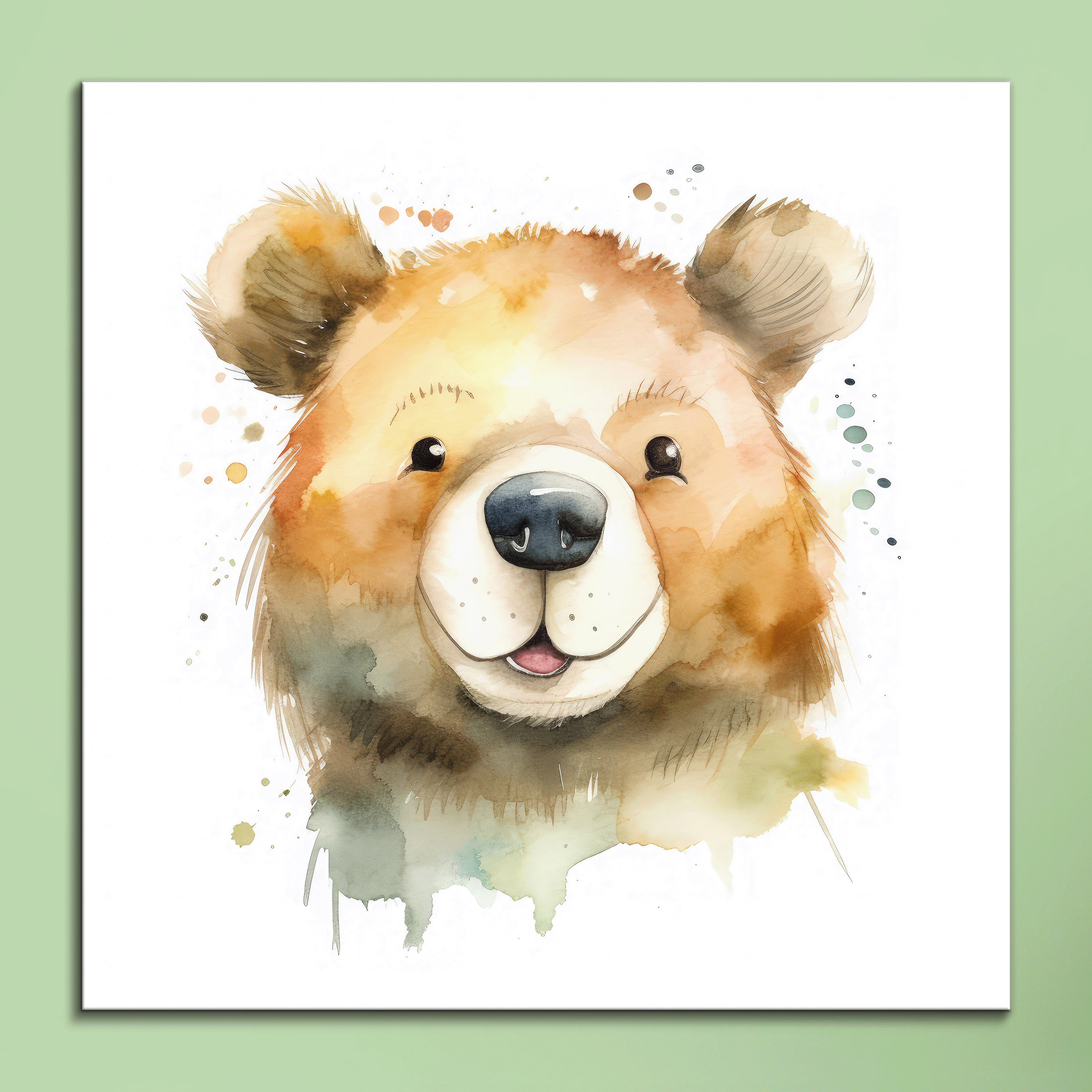 Friendly Bear Watercolor Canvas Art: Pastel Nursery Decor