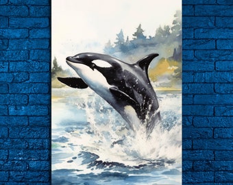 Orca Whale Watercolor Canvas Print: Majestic Marine Life Wall Art