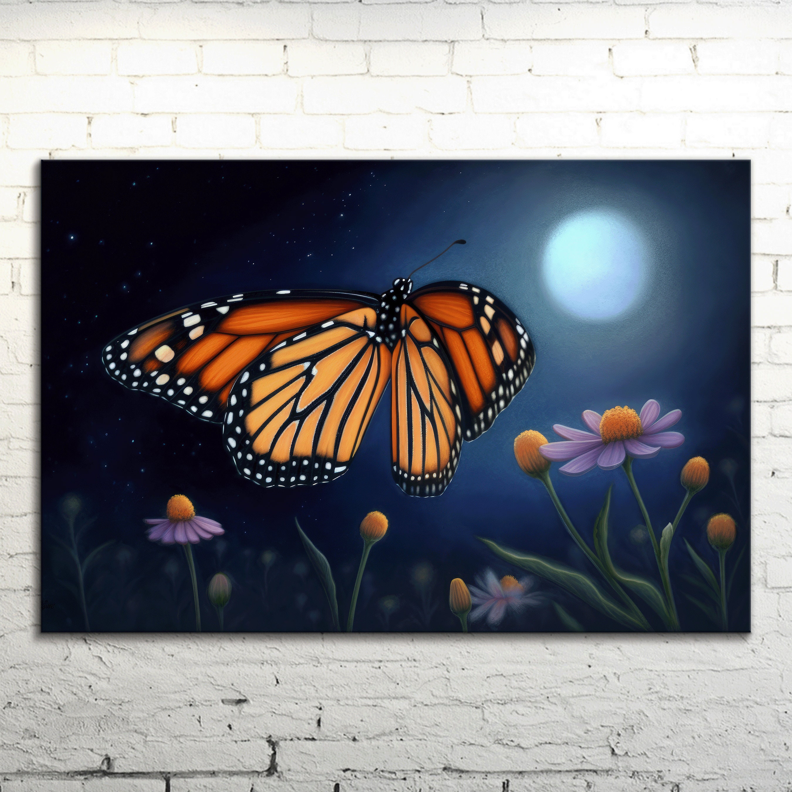 Monarch Butterfly & Purple Flowers Moonlit Night Canvas Wall Art, Moon Painting