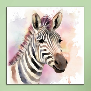 Zebra Canvas Wall Art, Pastel Watercolor, Playful Kids' Room Decor Nursery Animal Art, Ideal for Child's Bedroom, Perfect Nursery Gift