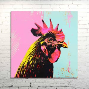 Colorful Rooster Wall Art Pop Art Canvas Print, Funky Farmhouse Kitchen Decor, Bright Chicken Painting, Neon Animal Art, Eclectic Wall Decor