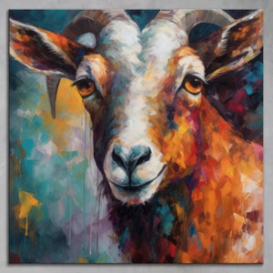 Vibrant Goat Art, Abstract Oil Painting Style, Colorful Farm Animal Canvas Print, Bold Wall Decor, Caprine Portrait Gift, Farm Animal