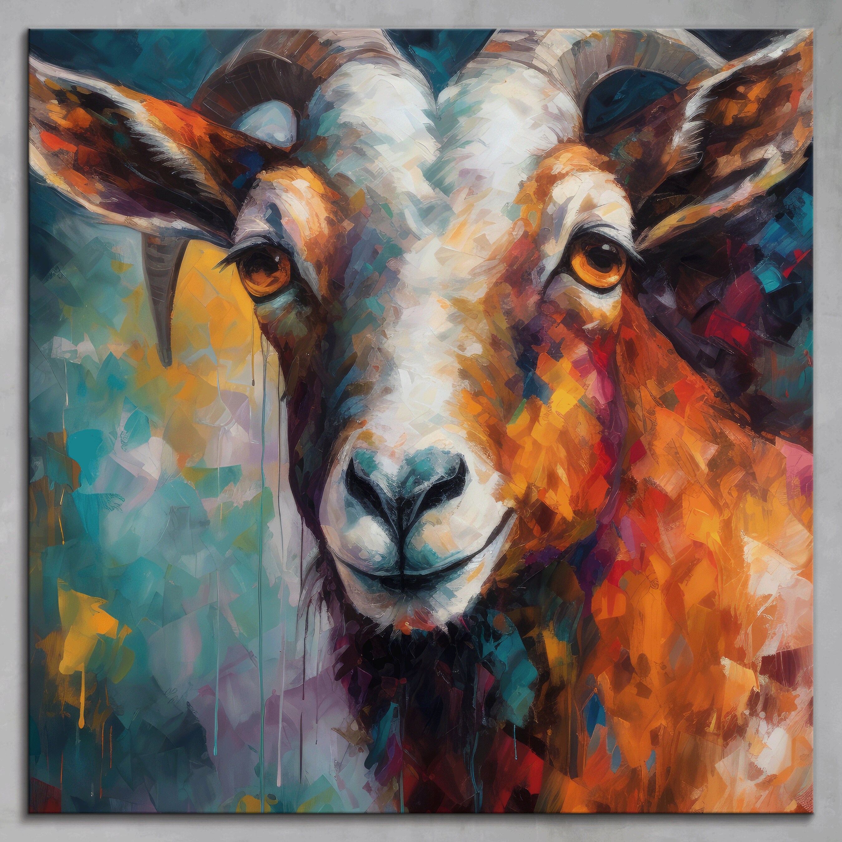 Vibrant Goat Canvas Print: Abstract Oil Painting Style Farm Animal Portrait