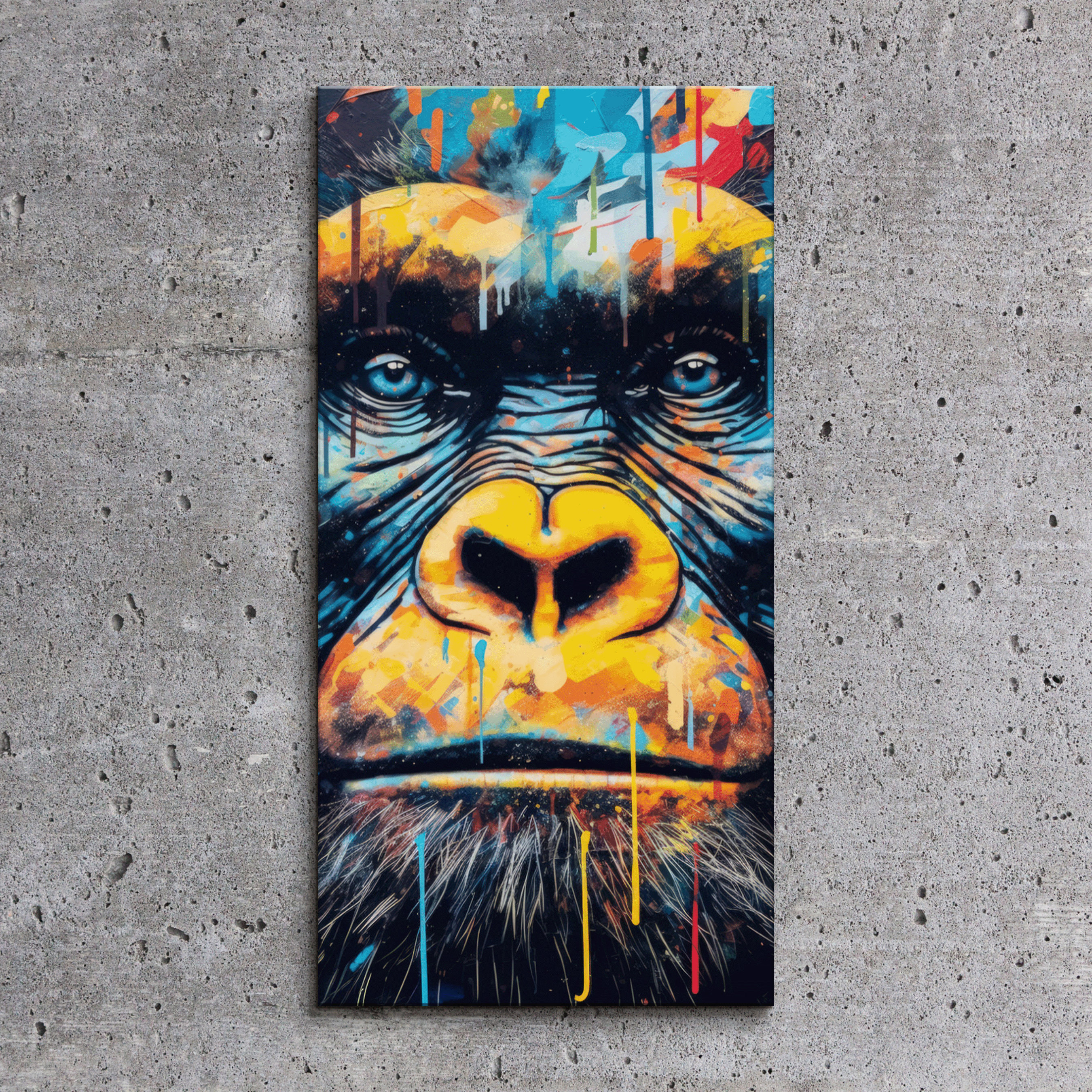 Edgy Gorilla Face Canvas Art: Multicolor Dripping Paint, Urban Graffiti