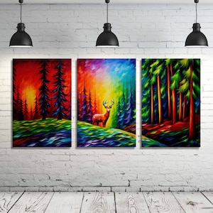 Enchanted Forest Triptych Large Wall Art, Multi-Panel 3 Piece Set Canvas,  Abstract Nature Wall Decor, Colorful Tree Landscape Print
