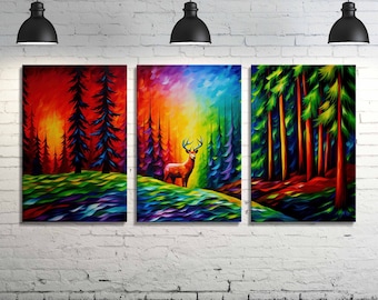 Trittico della foresta incantata grande arte da parete, set di tele multipannello da 3 pezzi, decorazione da parete con natura astratta, stampa di paesaggi con alberi colorati