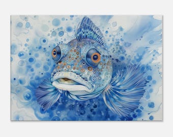 Whimsical Blue Fish Canvas Print Wall Art - Horizontal 40" Wide by 28" Height