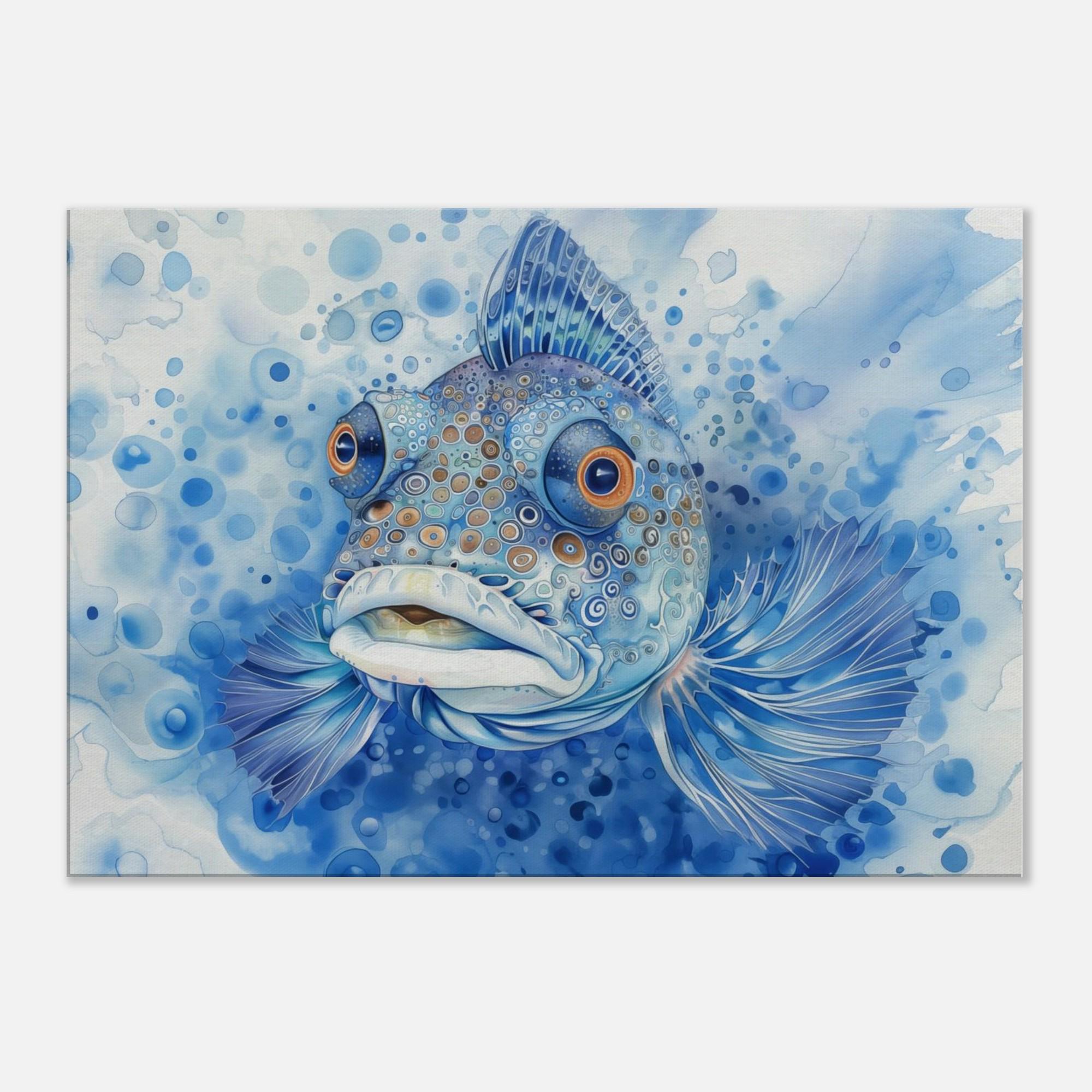 Whimsical Blue Fish Canvas Print Wall Art - Horizontal 40" Wide by 28" Height