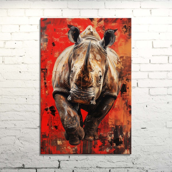 Abstract Rhino Canvas Print Bold Red & Black Modern Wall Art, Wildlife Safari Animal Canvas or Poster Contemporary African Rhinoceros Decor