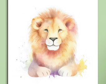 Smiling Lion Canvas Wall Art, Pastel Watercolor, Ideal Kids' Room Decor, Whimsical Nursery Animal Art, Perfect Gift for Child's Bedroom