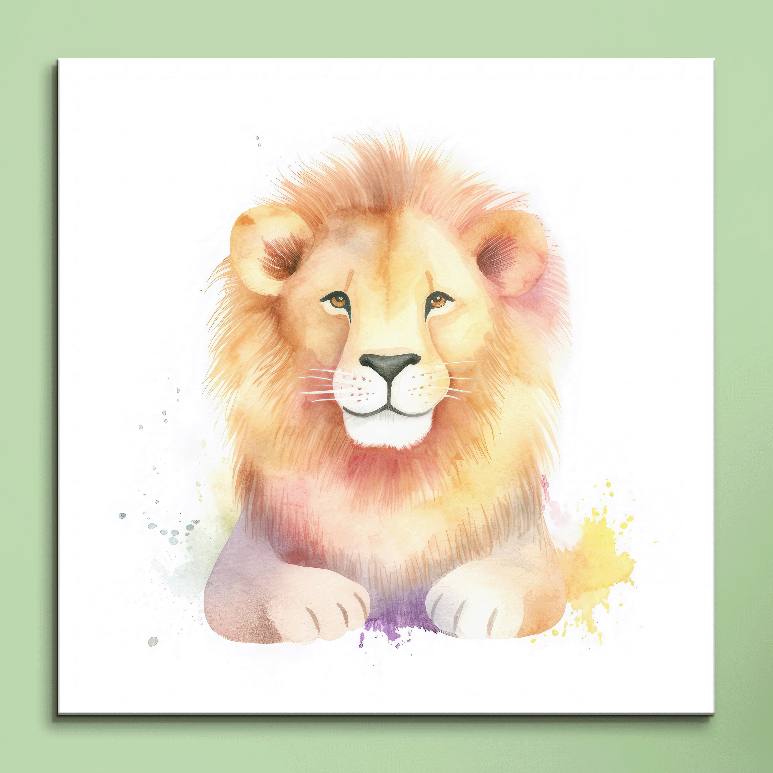 Smiling Lion Watercolor Canvas Art: Whimsical Kids' Room Decor