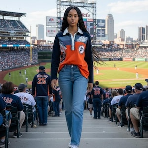 May include: A long-sleeve polo shirt featuring a color-blocked design with a navy blue collar, sleeves, and back, contrasted by an orange front panel with a baseball-themed graphic patch and a Detroit Tigers logo, paired with blue denim jeans.