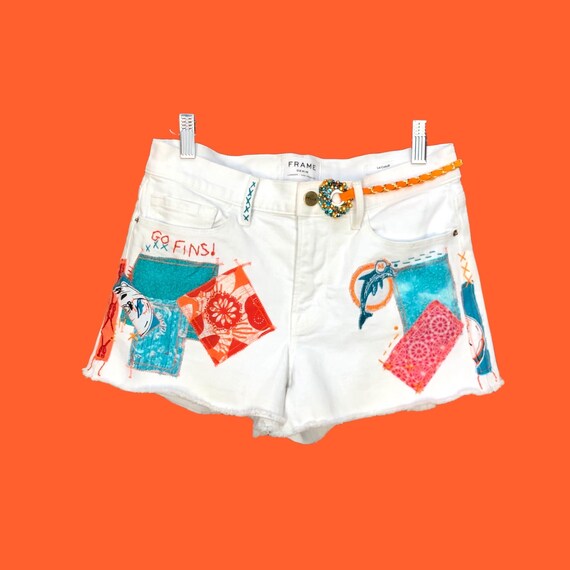 Miami Dolphins White Designer Jean Shorts Custom Denim Refashioned Game Day Shorts Upcycle Redone FRAME Denim Patchwork Bling Womens 27 Etsy