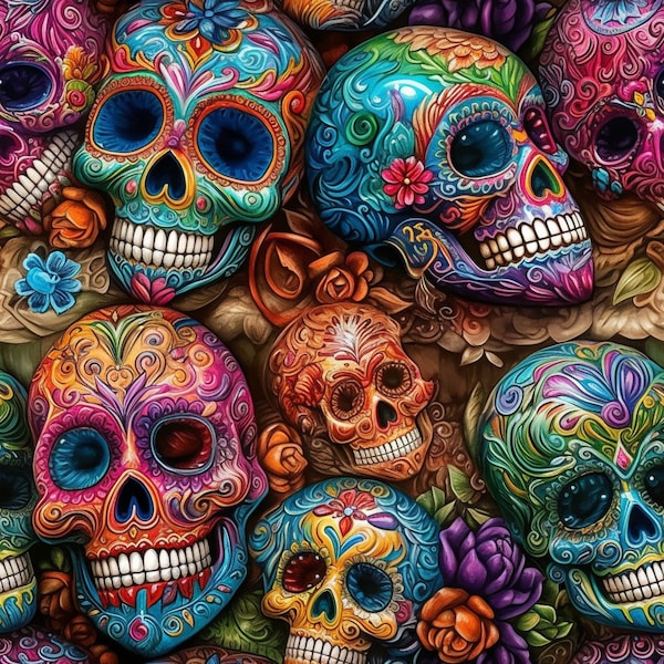 Day of the dead skulls, seamless pattern, commercial use, vibrant, wrapping paper, wallpaper, giftwrap, scrapbook paper, cosmic, sugar skull