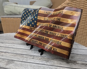Small US wavy Flag with Pledge. Stand included