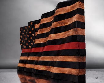 Wavy Wood Thin Red Firefighter Support Flag