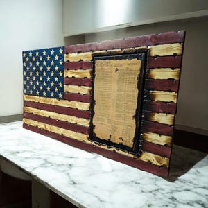 Rustic wood US Flag with floating Constitution