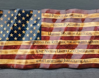 Wavy wooden flag with Pledge of Allegiance