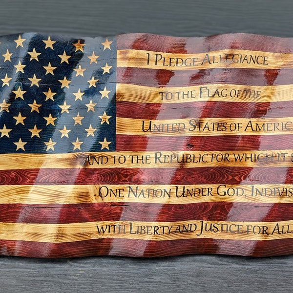 Wavy wooden flag with Pledge of Allegiance