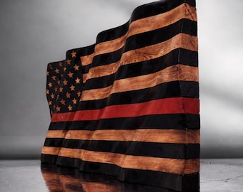 Wavy Wooden Thin Red Line Firefighter Support Flag (Outdoor Finish)